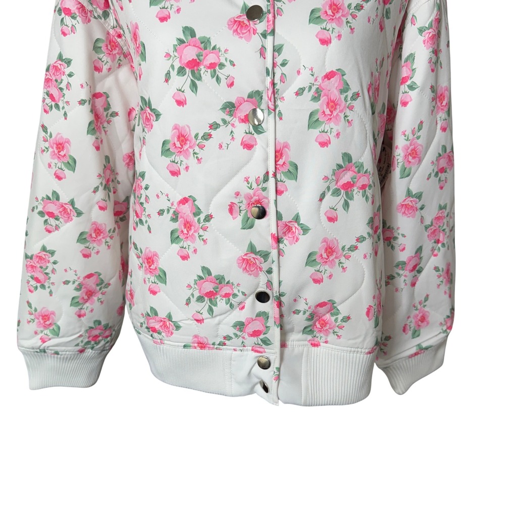 Mainstrip Women's Quilted Floral Bomber Jacket Pink Rose Snap Front White Size M - Picture 7 of 11